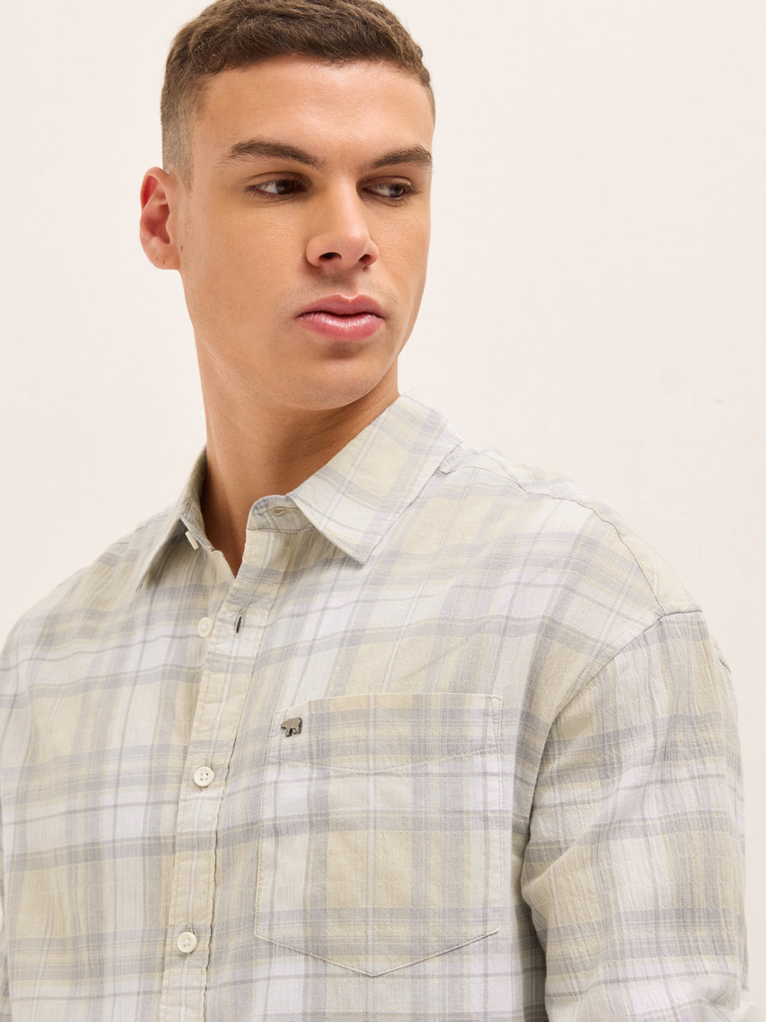 Light Green Woven Checked Relaxed Fit Casual Shirt