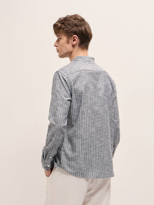 Grey with White Vertical Stripe Slim Fit Casual Shirt