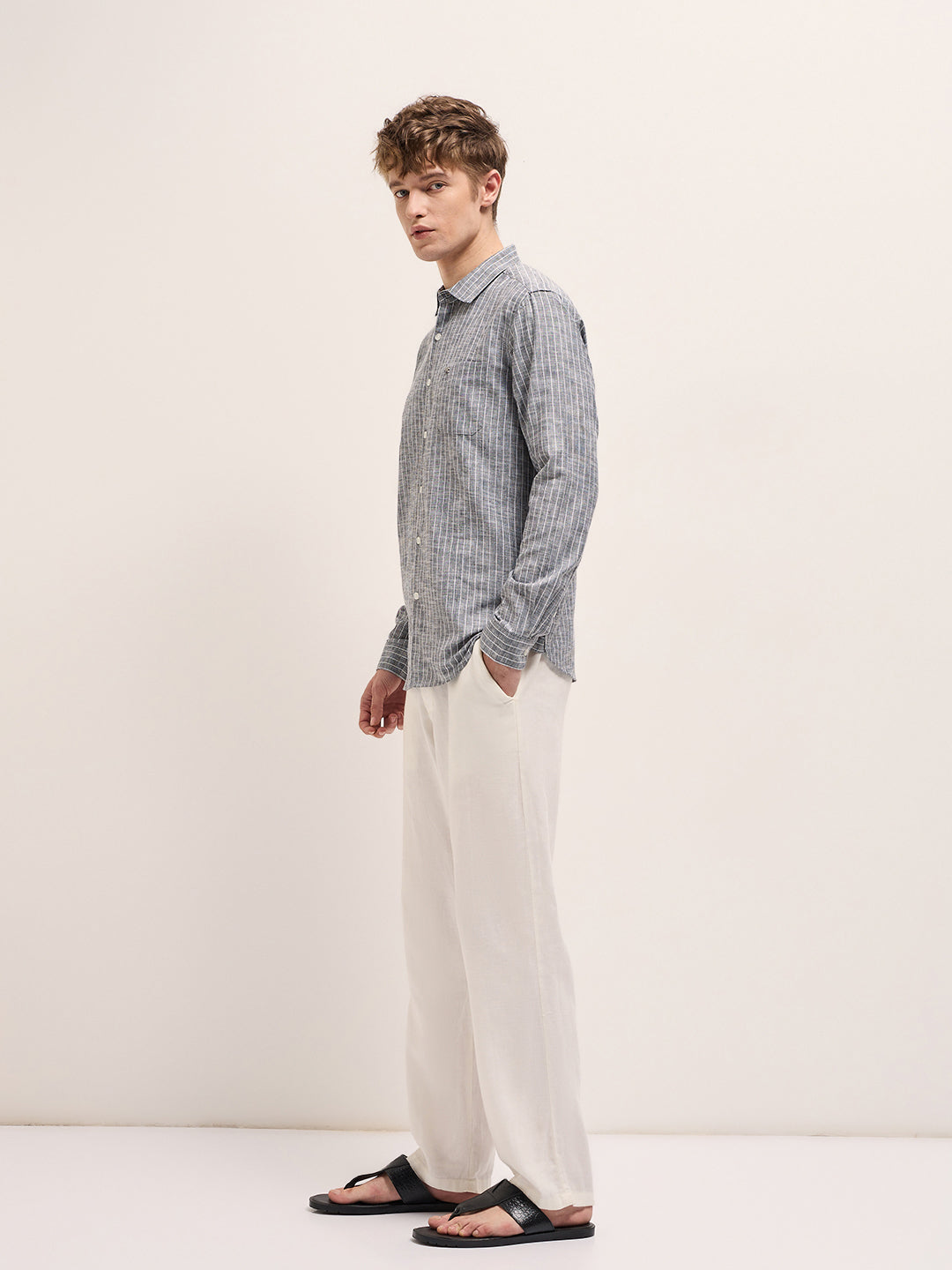 Grey with White Vertical Stripe Slim Fit Casual Shirt