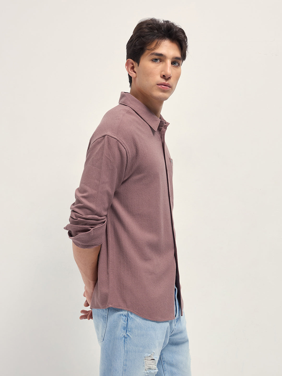 Pink Woven Textured Relaxed Fit Casual Shirt