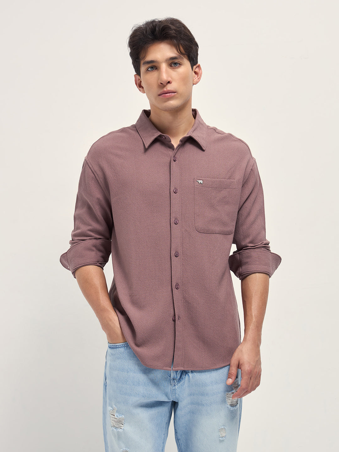 Pink Woven Textured Relaxed Fit Casual Shirt