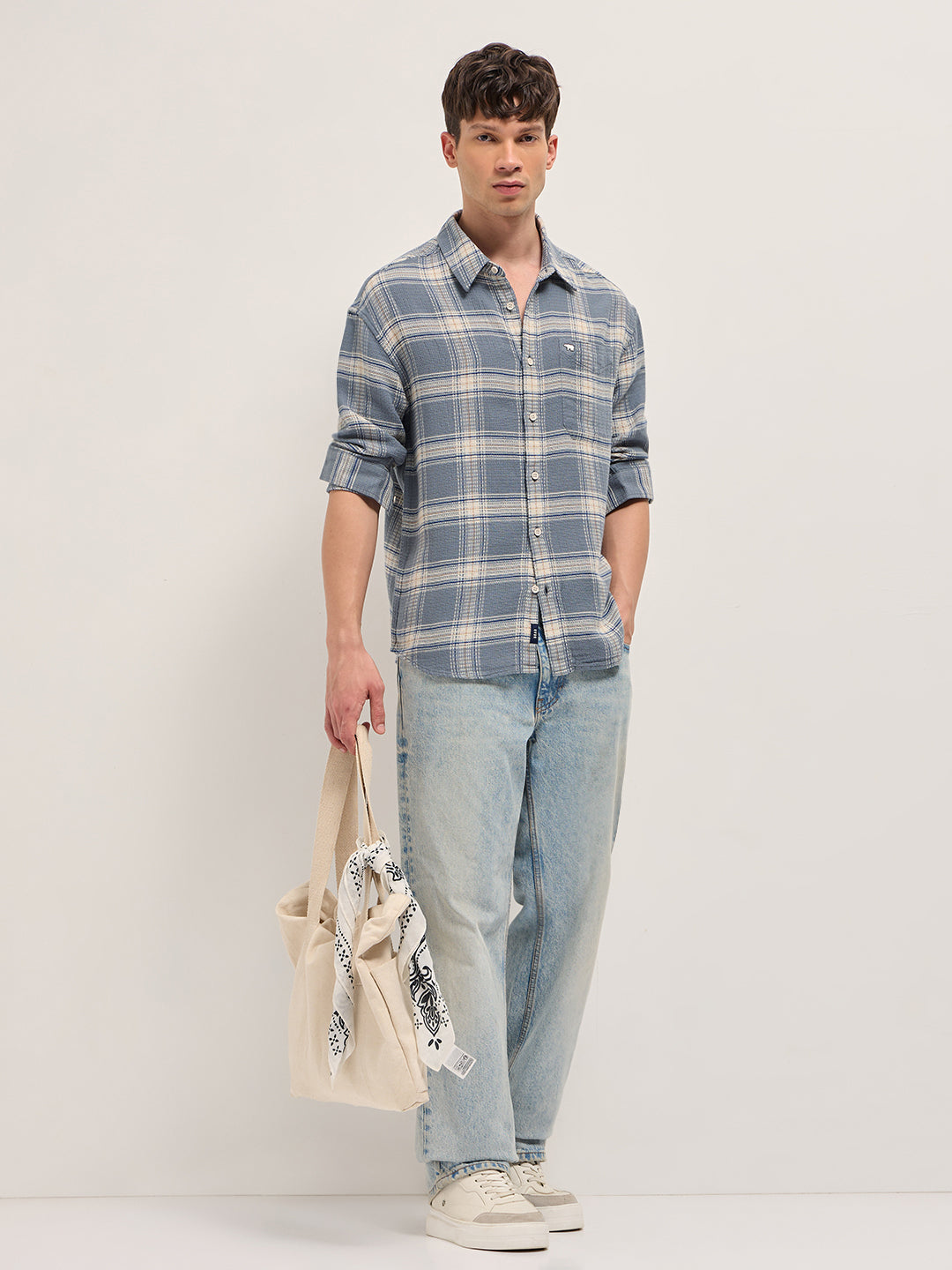 Grey and Cream Waffle Checked Textured Relaxed Fit Casual Shirt