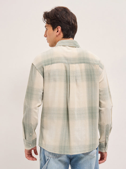 Green and Cream Checkered Relaxed Fit Casual Shirt