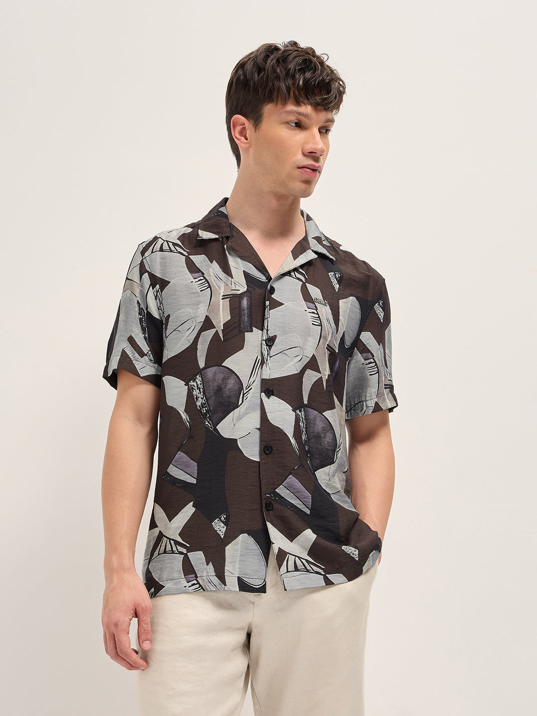 Brown Bold Abstract Print Relaxed Fit Cuban Collar Viscose Shirt