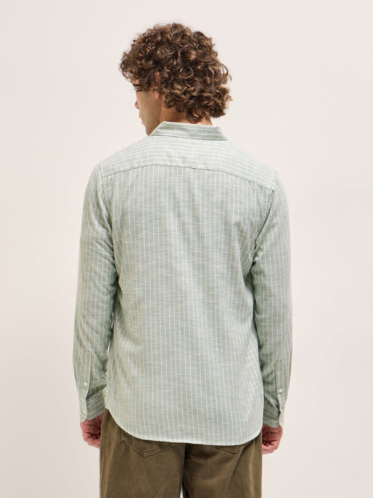 Light Green with White Stripes Slim Fit Casual Shirt