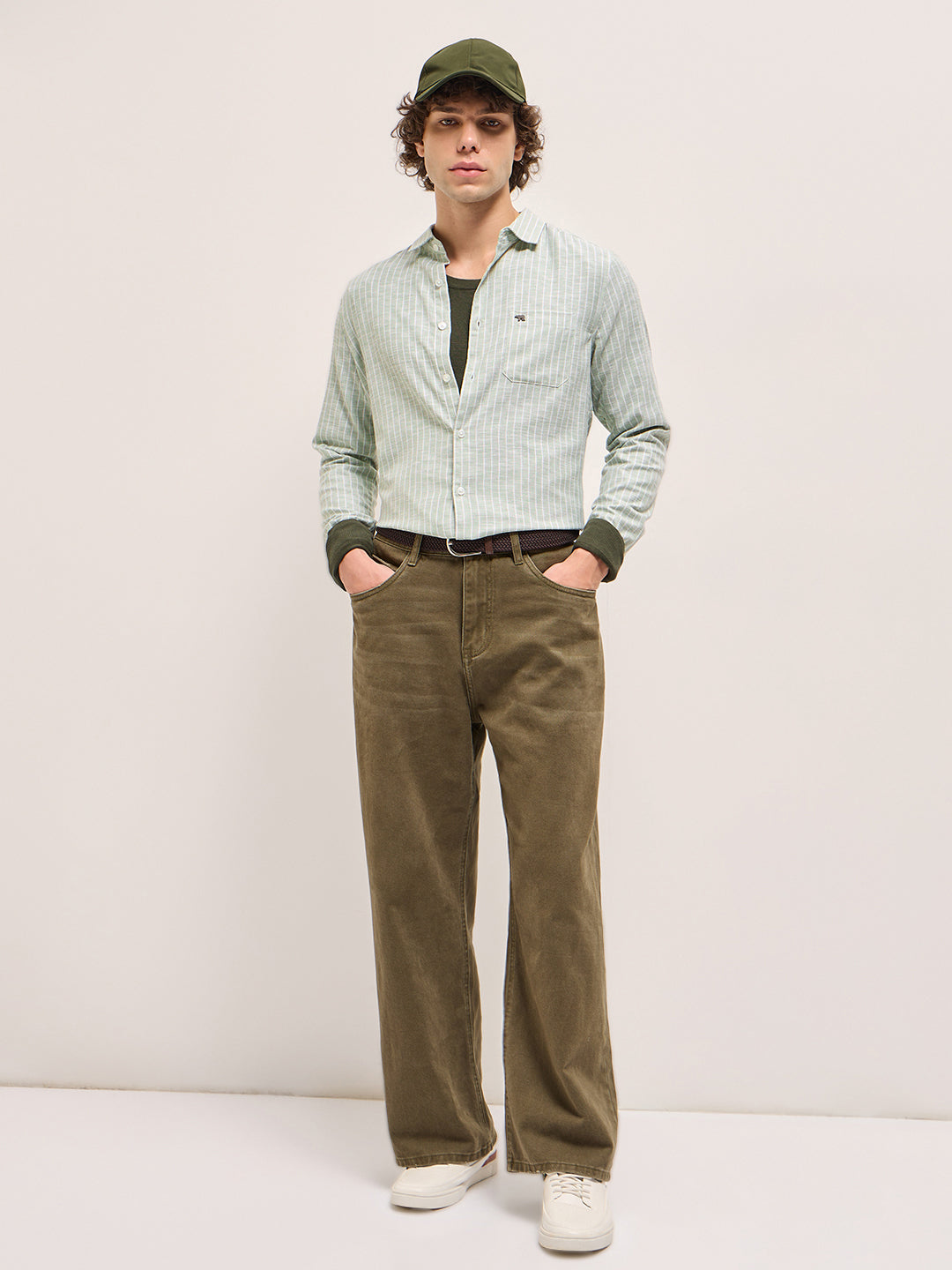 Light Green with White Stripes Slim Fit Casual Shirt