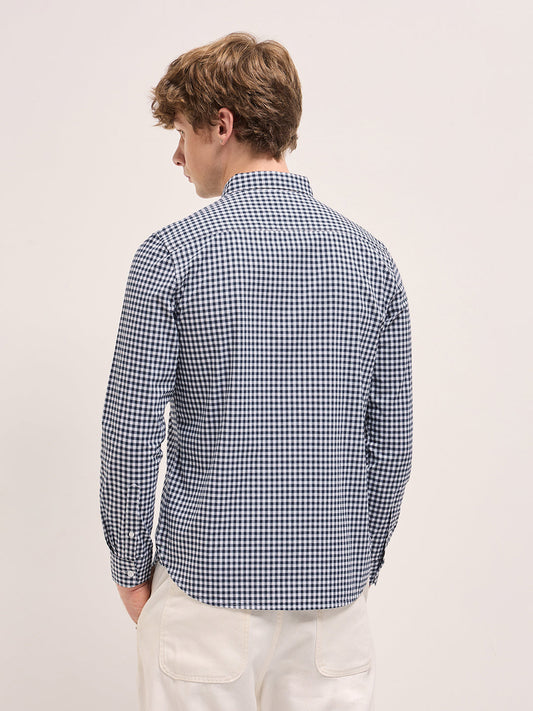Blue with White Gingham Checks Slim Fit Casual Shirt