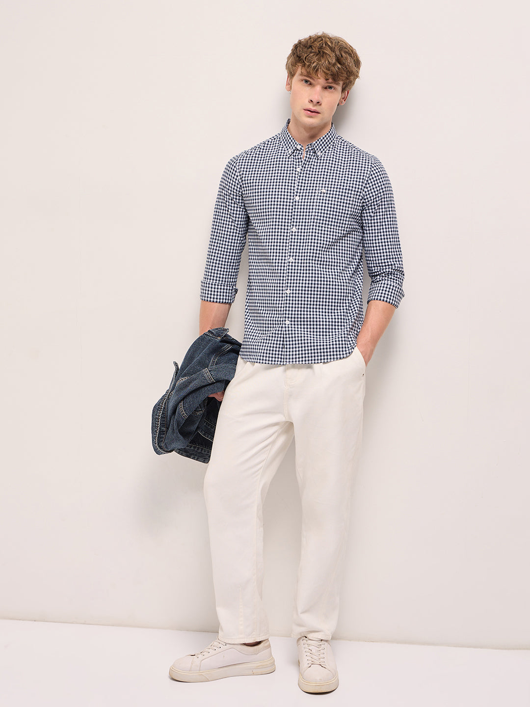 Blue with White Gingham Checks Slim Fit Casual Shirt