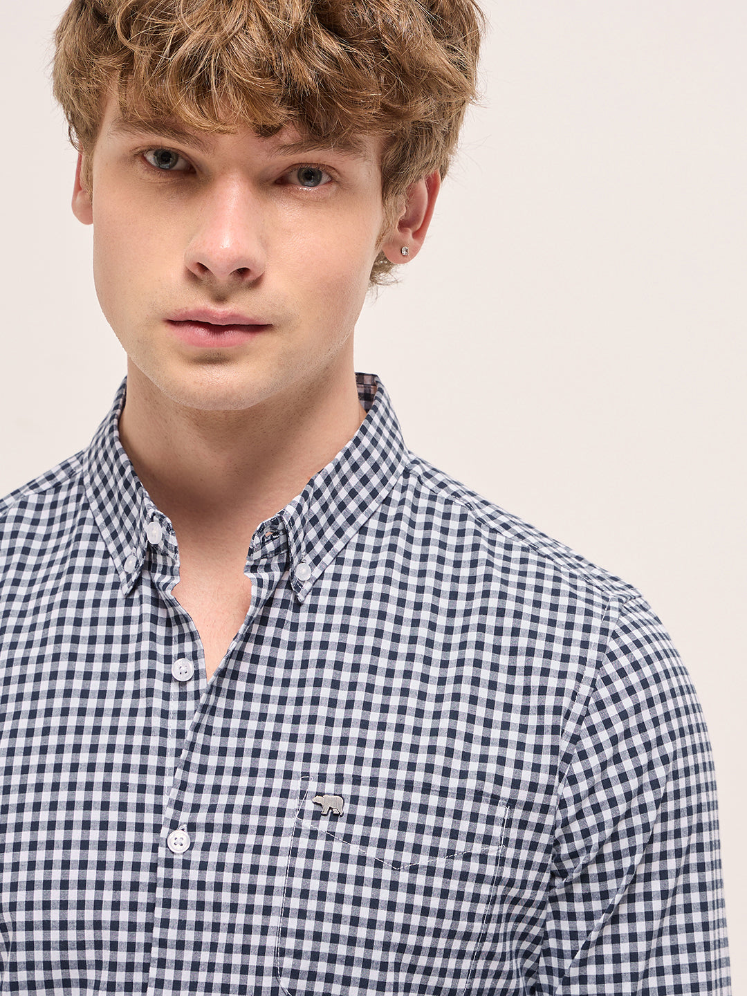 Blue with White Gingham Checks Slim Fit Casual Shirt