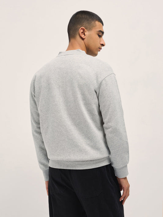 Light Grey Solid Relaxed Fit Henley Neck T-Shirt with Ribbed Hem and Cuffs