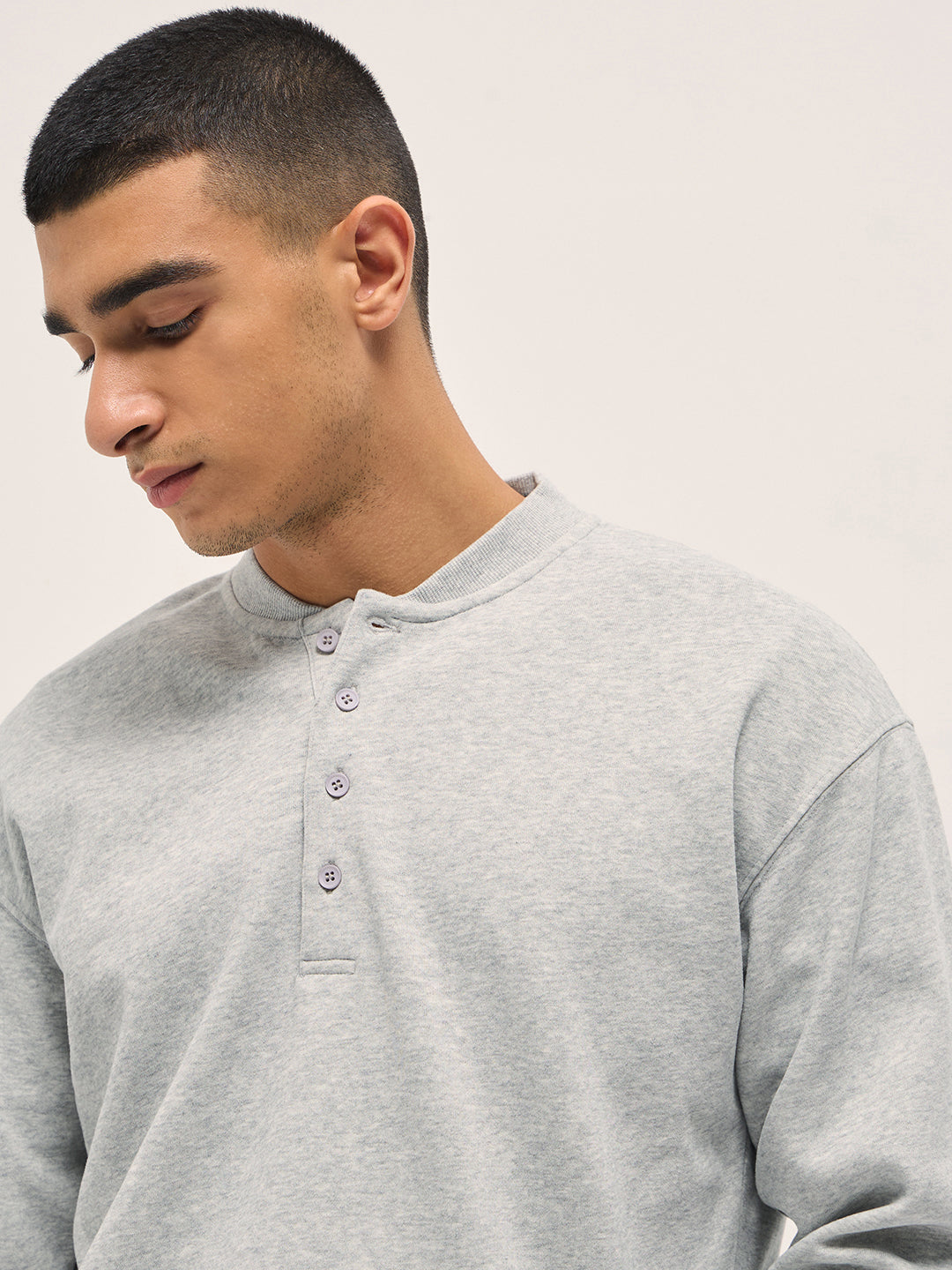 Light Grey Solid Relaxed Fit Henley Neck T-Shirt with Ribbed Hem and Cuffs