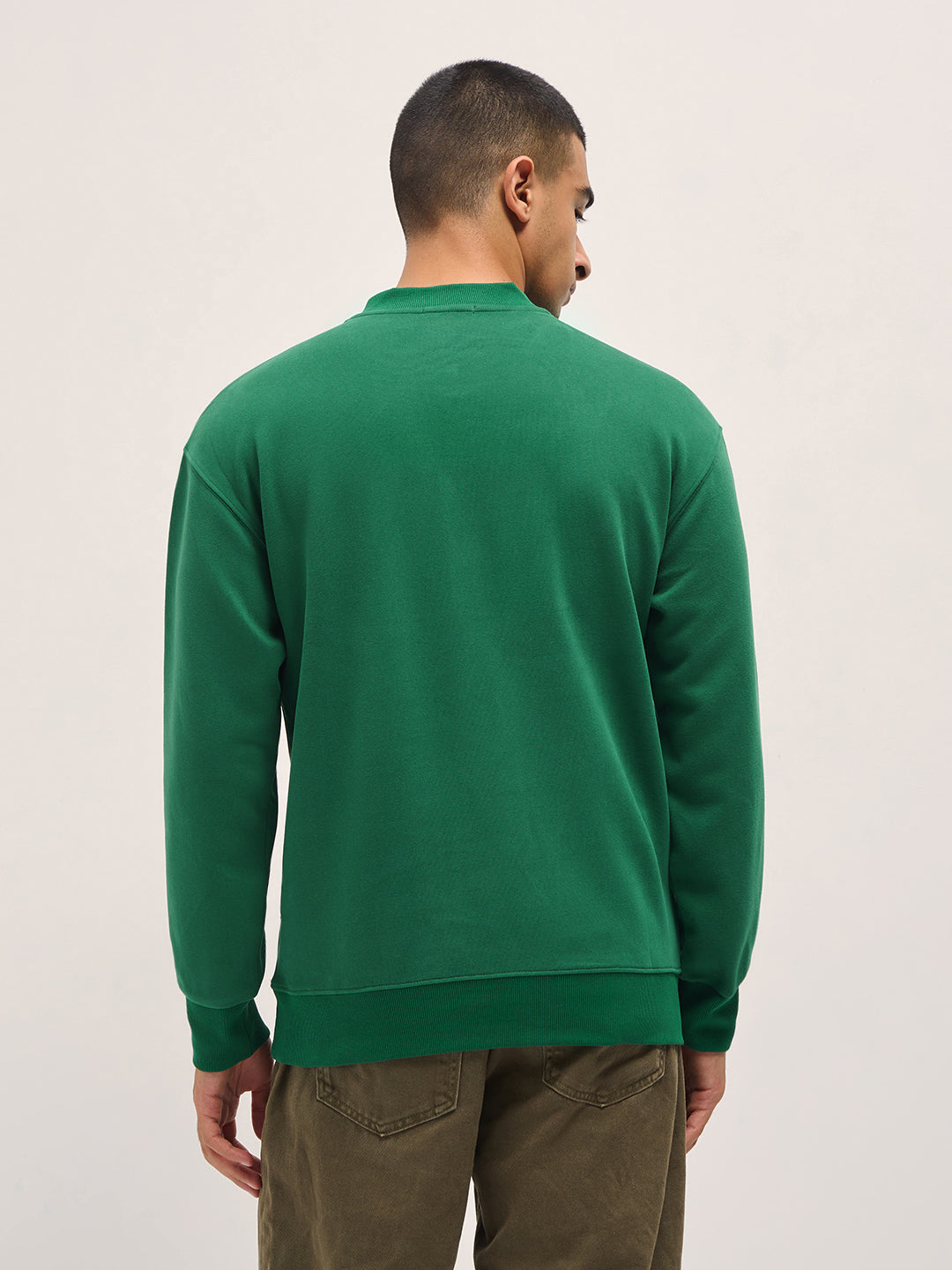 Green Solid Relaxed Fit Henley Neck T-Shirt with Ribbed Hem and Cuffs