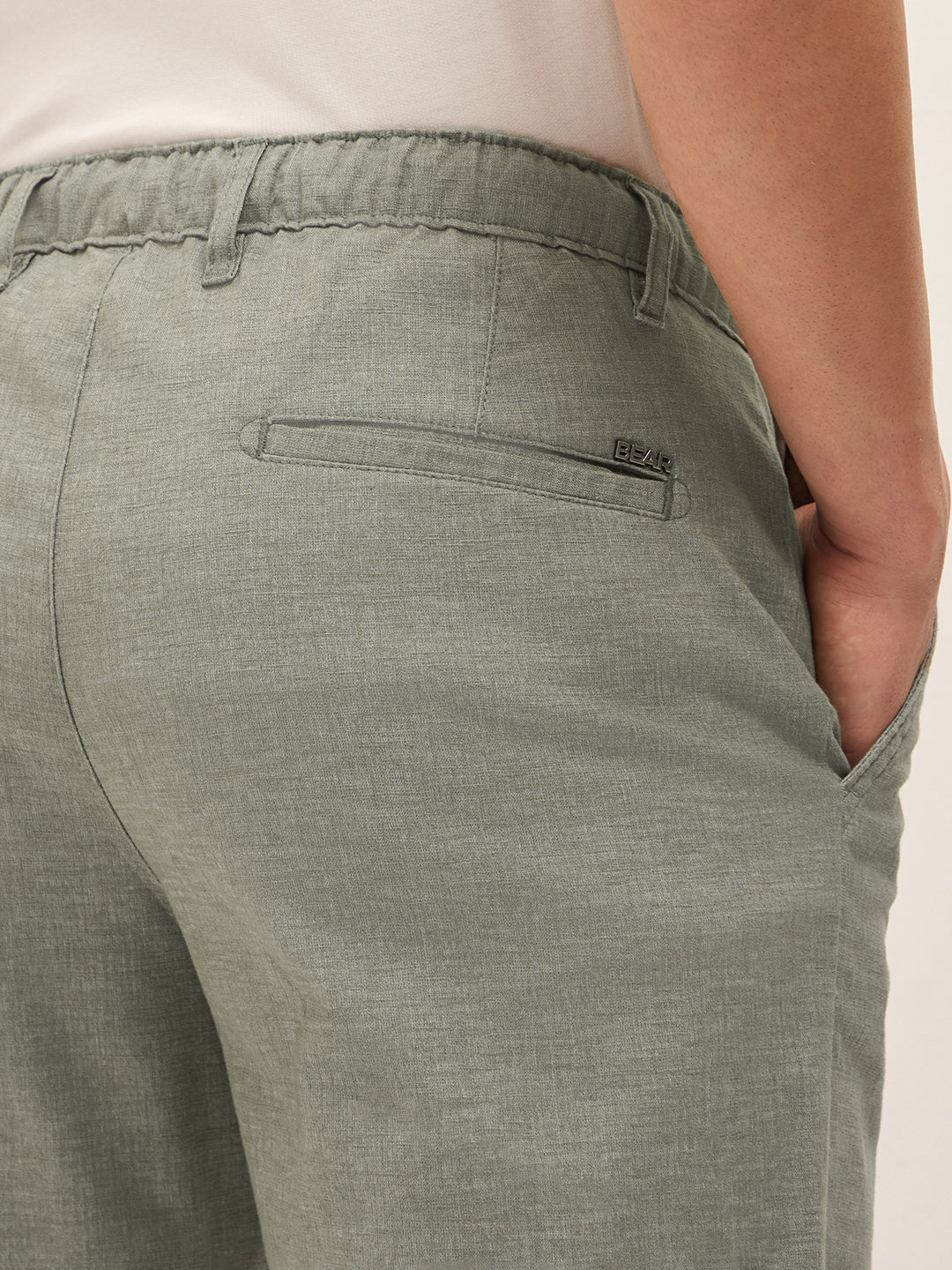 Olive Solid Straight Fit Casual Trousers with Hidden Drawstring