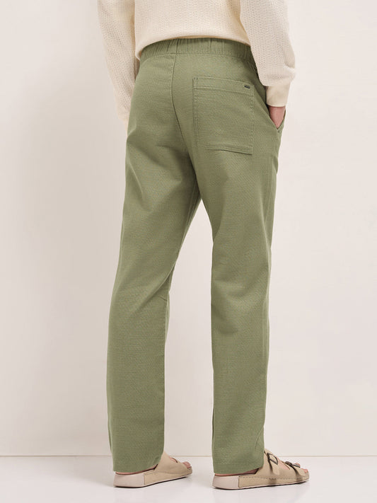 Green Textured Straight Fit Casual Trousers with an Elasticated Waistband