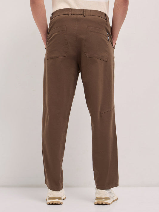 Brown Solid Baggy Fit Casual Trouser with Centre line Detail