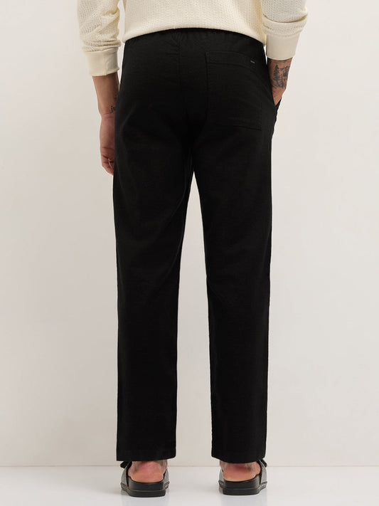 Black Textured Straight Fit Casual Trousers with an Elasticated Waistband