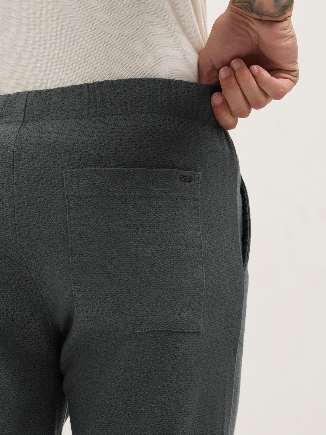 Grey Textured Straight Fit Casual Trousers with an Elasticated Waistband