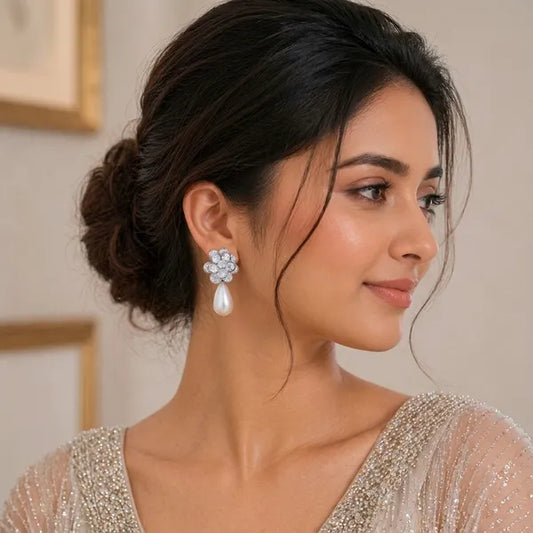 Silver Crystal Pearl Floral Drop Earrings For Women