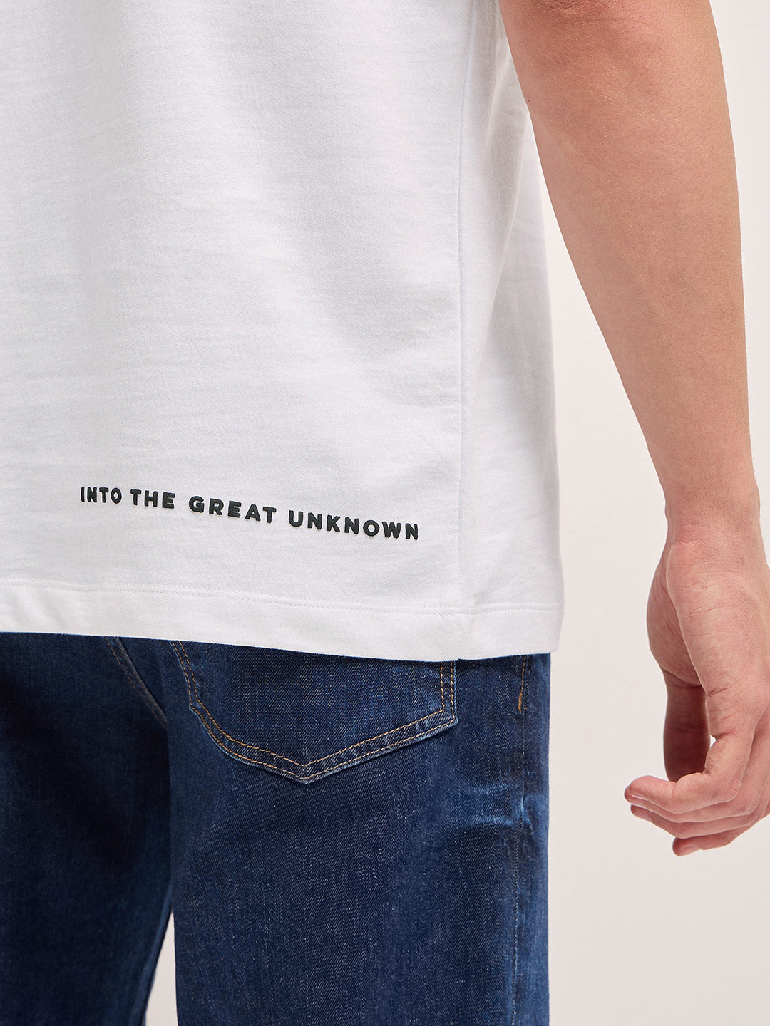 White Crew Neck T-Shirt with Adventure Graphic Print