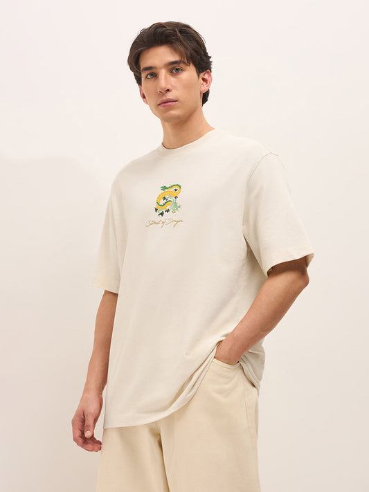 Cream Crew Neck Graphic Print T-Shirt with Dragon Illustration on Back