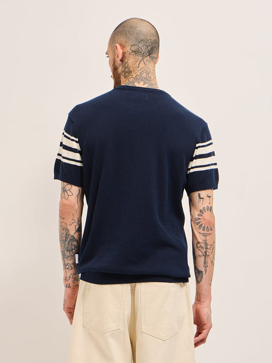 Blue with White Knitted Stripe Regular Fit Crew Neck T-shirt