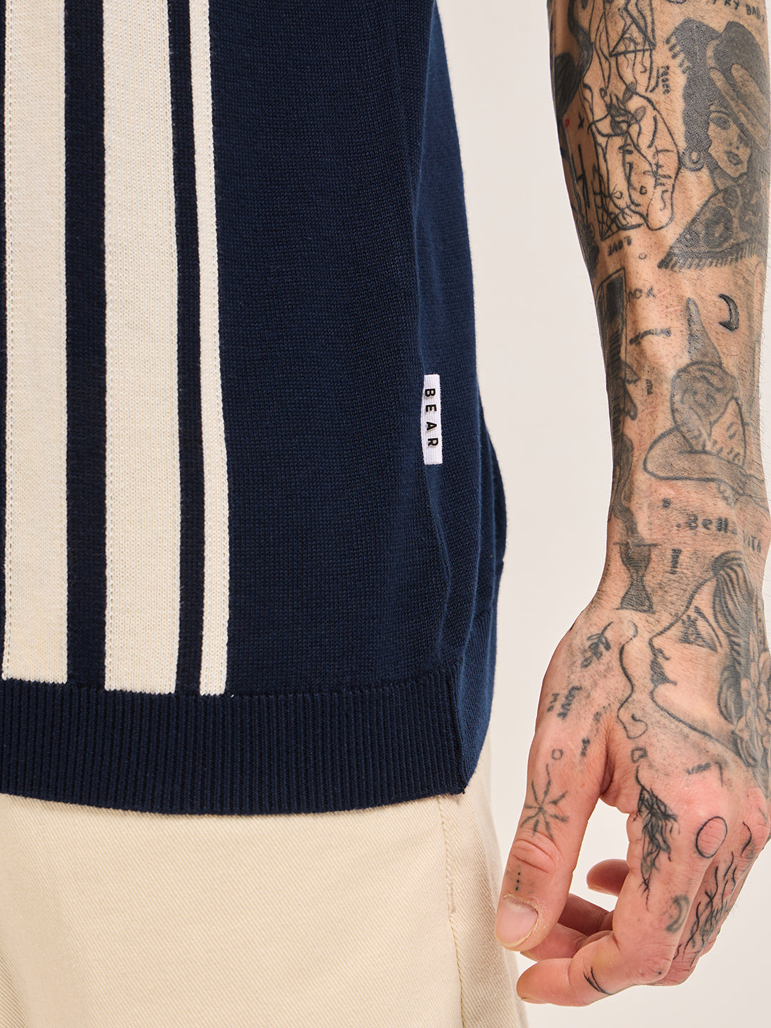 Blue with White Knitted Stripe Regular Fit Crew Neck T-shirt