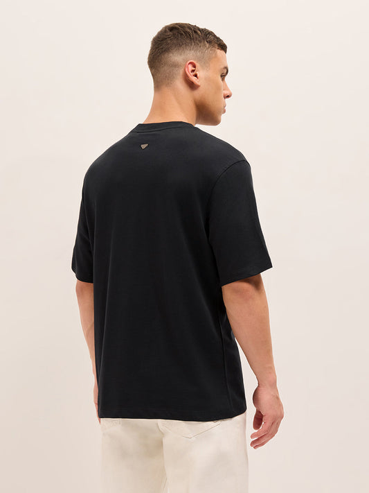 Black Relax Fit Crew Neck T-Shirt with Ethereal Vibes Leaf Graphic Print