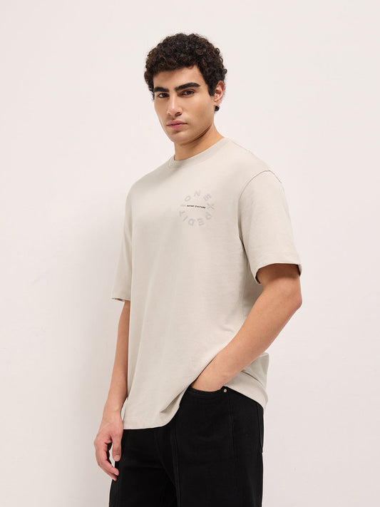 Cream Crew Neck Graphic Print T-Shirt with Leopard Illustration on Back