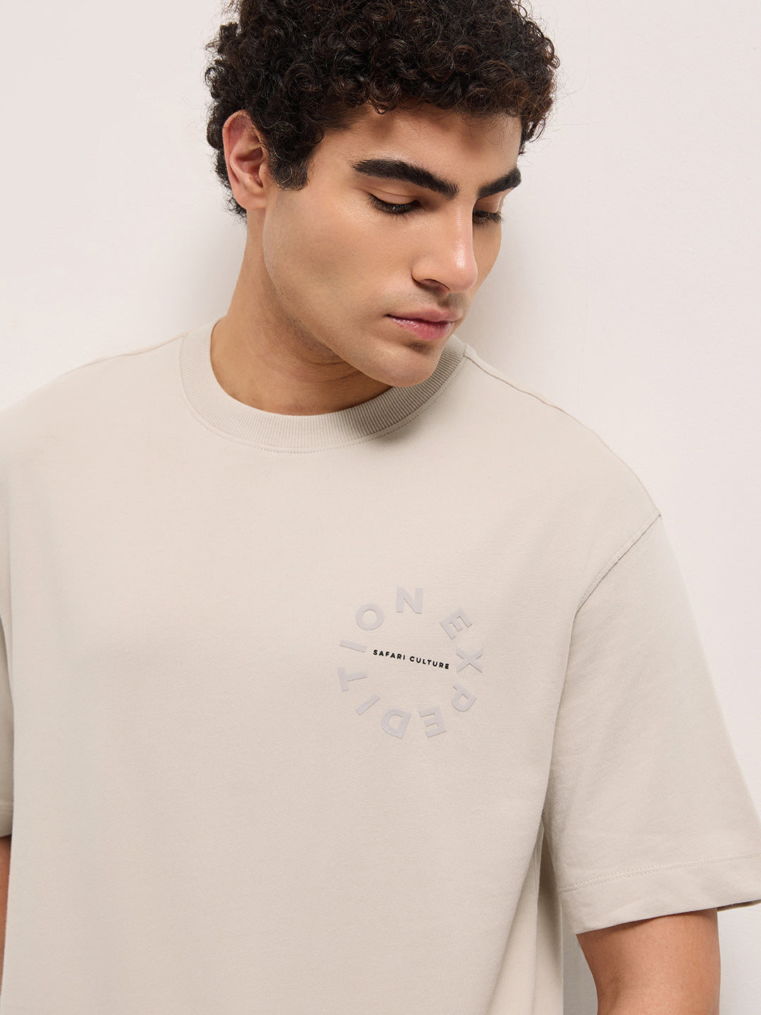 Cream Crew Neck Graphic Print T-Shirt with Leopard Illustration on Back