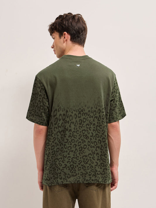 Olive Oversized Crew Neck T-Shirt with Gradient Tonal Leopard Print