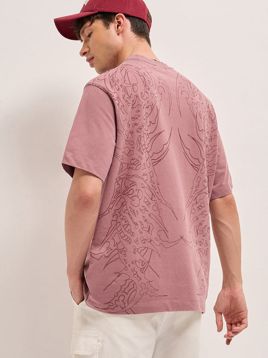 Mauve Oversized Crew Neck T-Shirt with Tribal Abstract Graphic Print