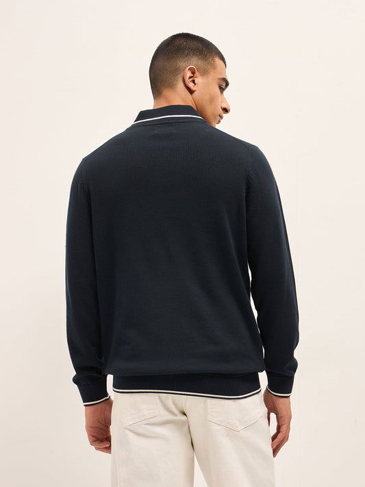 Navy Blue Textured Slim Fit Shawl Collar Full Sleeve T-shirt