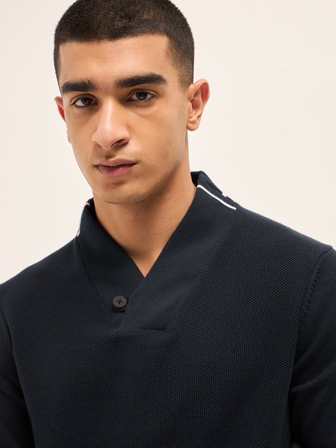 Navy Blue Textured Slim Fit Shawl Collar Full Sleeve T-shirt