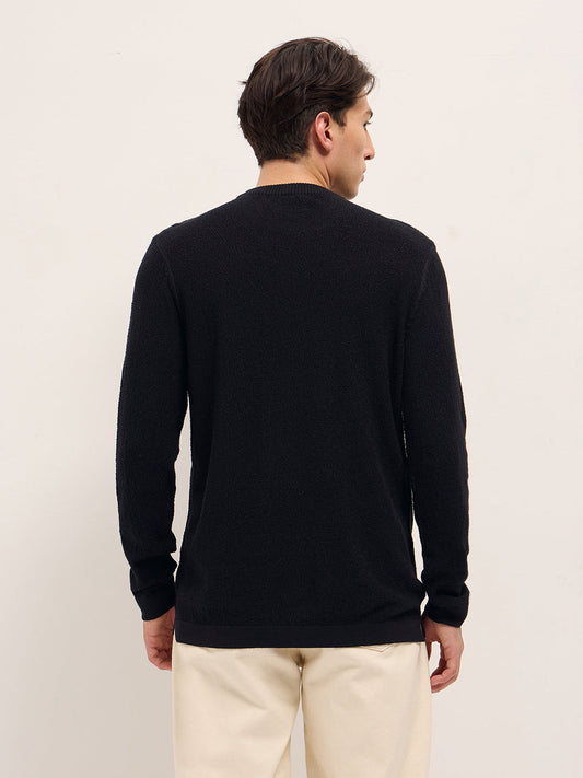 Black Regular Fit Full Sleeve Flat Knit T-Shirt with Solid Texture