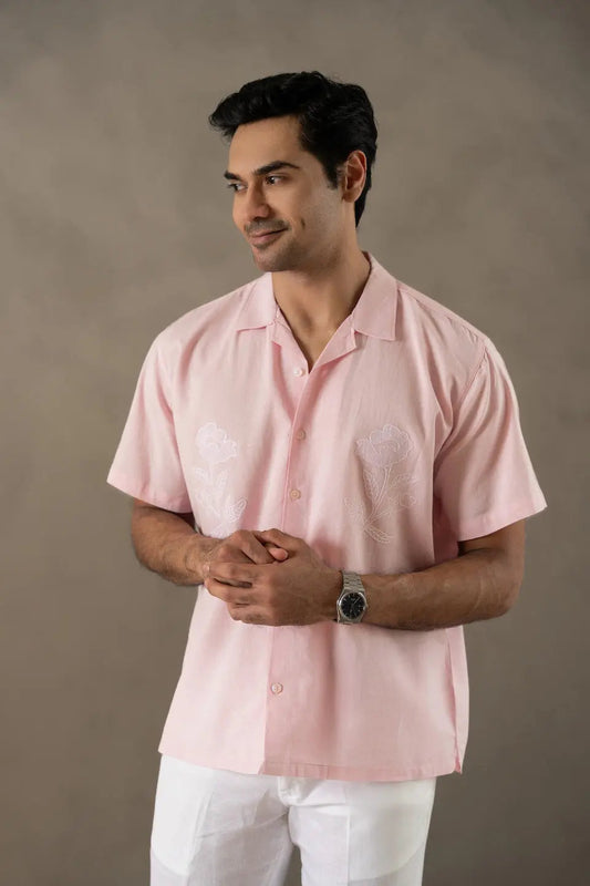 Men's Box-Fit Embroidered Linen Pearl Pink Shirt Vellure