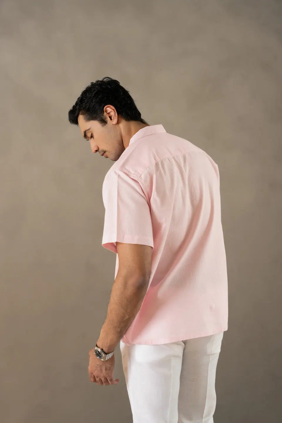 Men's Box-Fit Embroidered Linen Pearl Pink Shirt Vellure