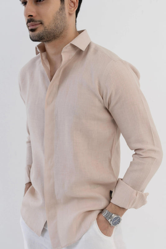 Men's Linen Soft Touch Relaxed Fit Beige Shirt Vellure