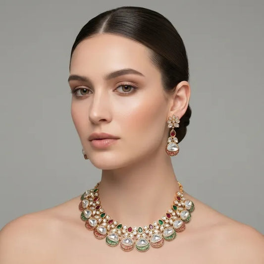 Gold Kundan Meenakari Floral Necklace And Earrings Set For Women