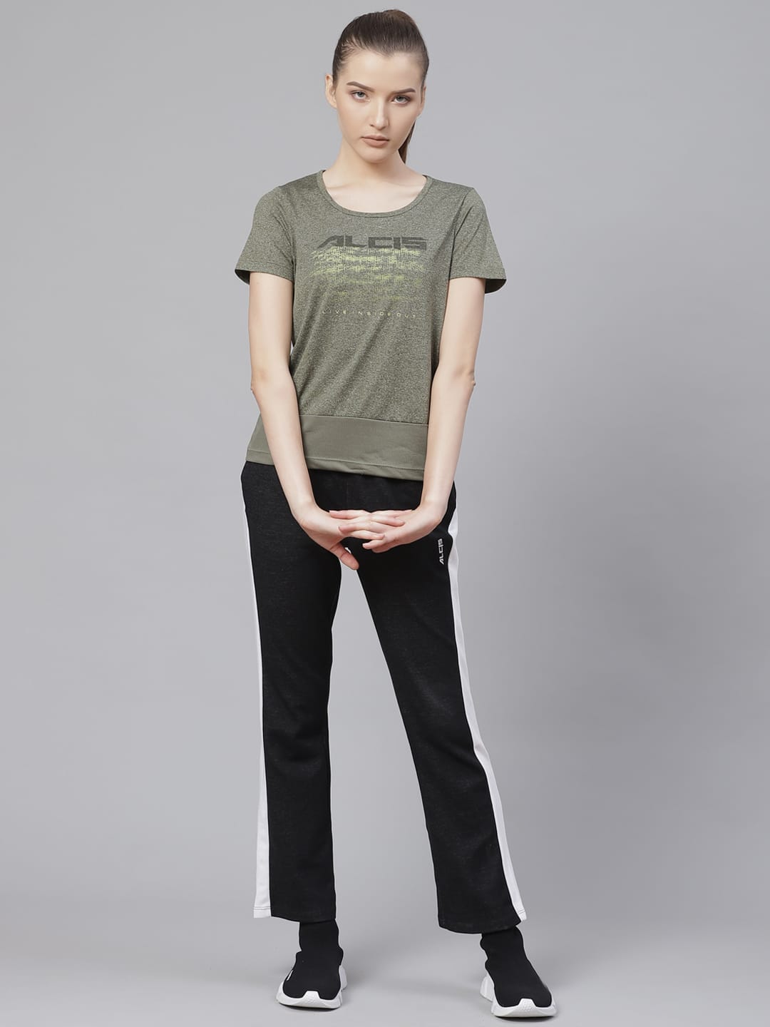 Alcis Women Olive Green Printed Round Neck T-shirt