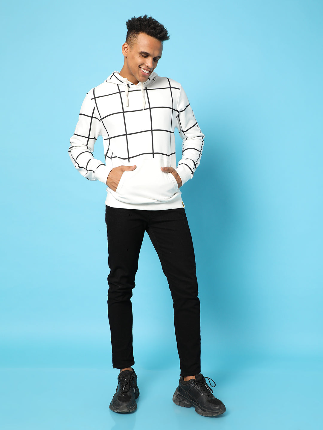 Contrast Graph Check Hoodie With Kangaroo Pocket