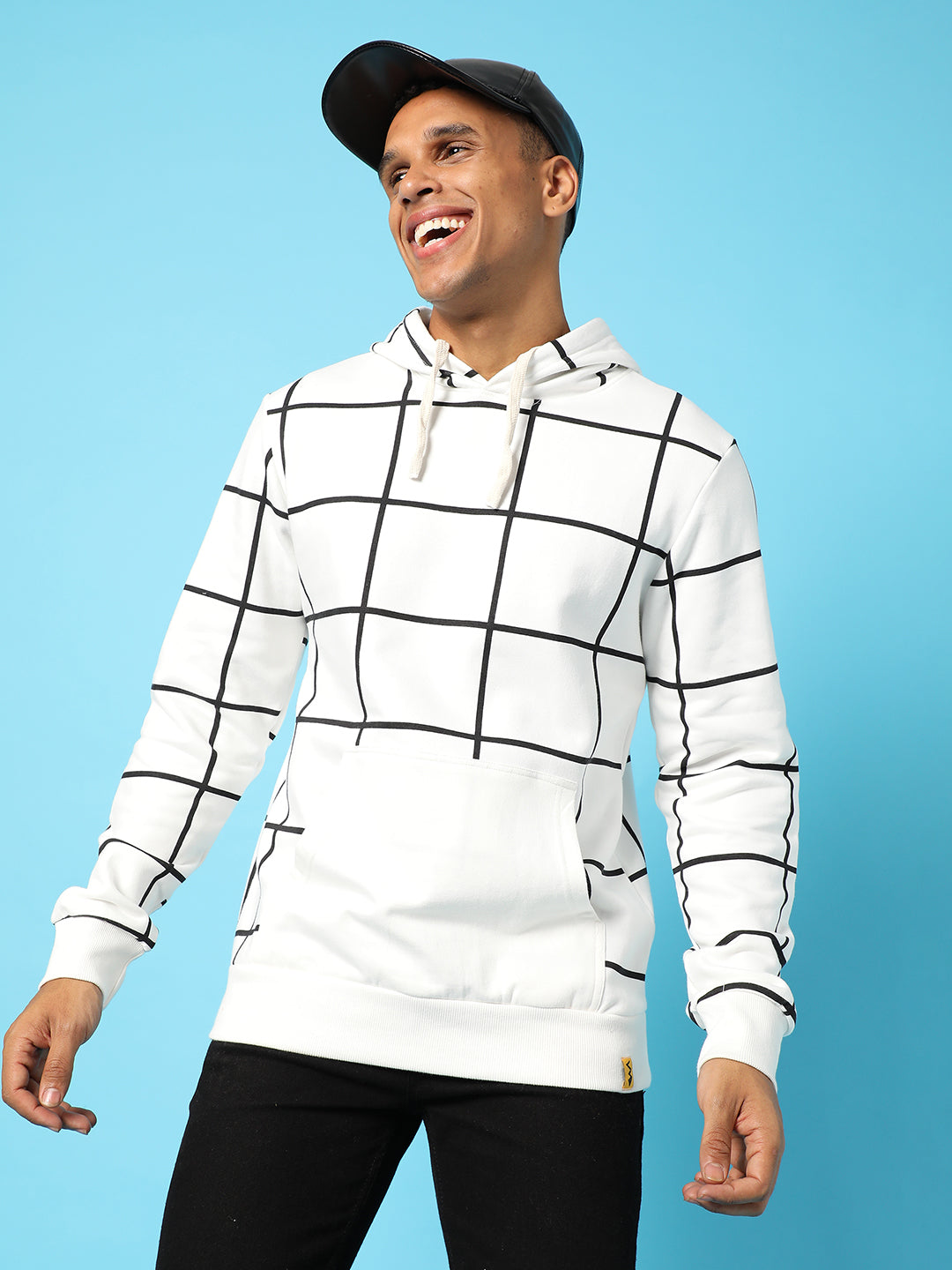 Contrast Graph Check Hoodie With Kangaroo Pocket