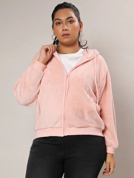 Baby Pink Furry Hoodie With Ribbed Hem