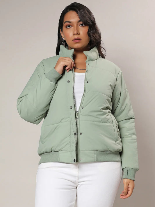 Sage Green Quilted Bomber Jacket With Ribbed Hem