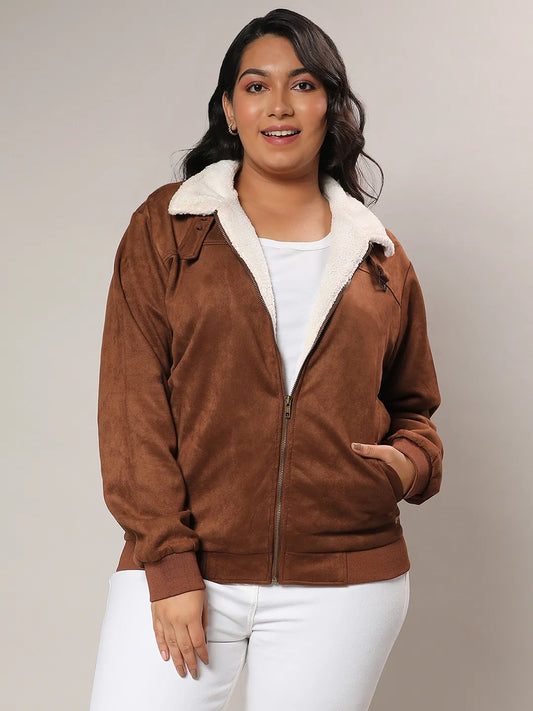 Tan Brown Fleece Lined Biker Jacket