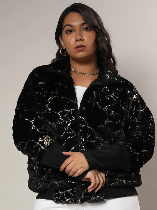 Carbon Black Metallic Veined Faux Fur Jacket