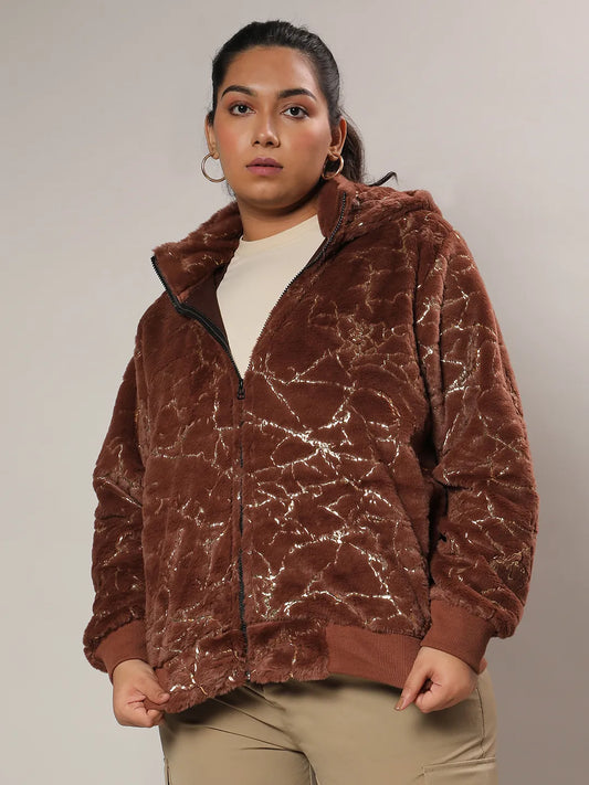 Chocolate Brown Metallic Veined Faux Fur Jacket