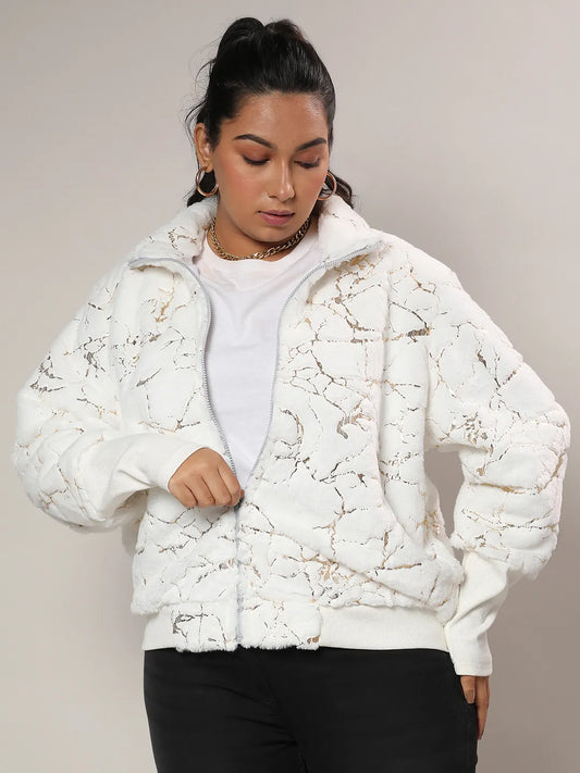 Chalk White Metallic Veined Faux Fur Jacket