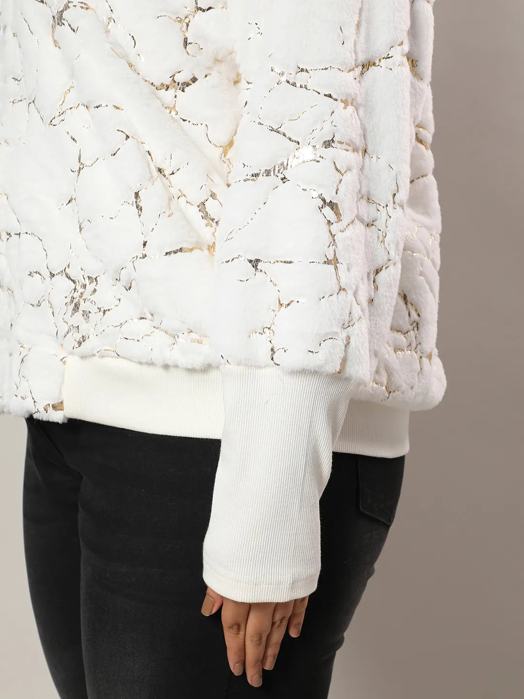 Chalk White Metallic Veined Faux Fur Jacket