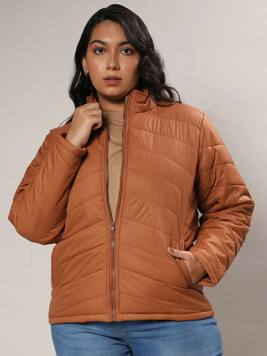 Tan Brown Quilted Puffer Jacket With Zip Closure