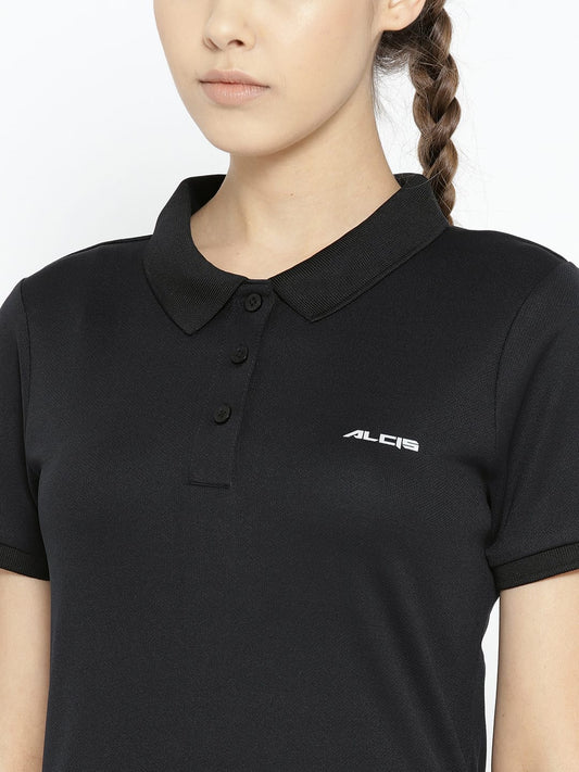 Alcis Women Black Solid Polo Collar T-shirt
